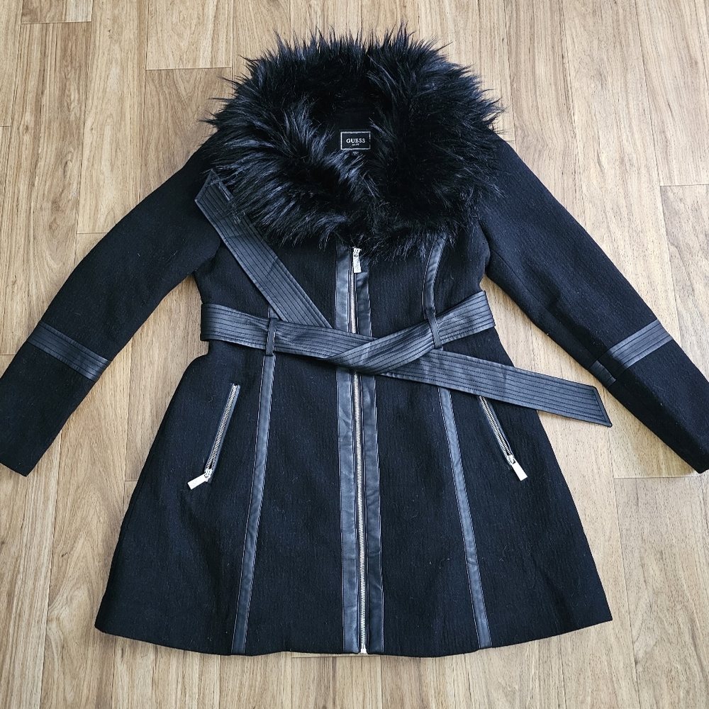 Guess Women's Black Belted Faux Fur Trim Trench Coat, Size Large